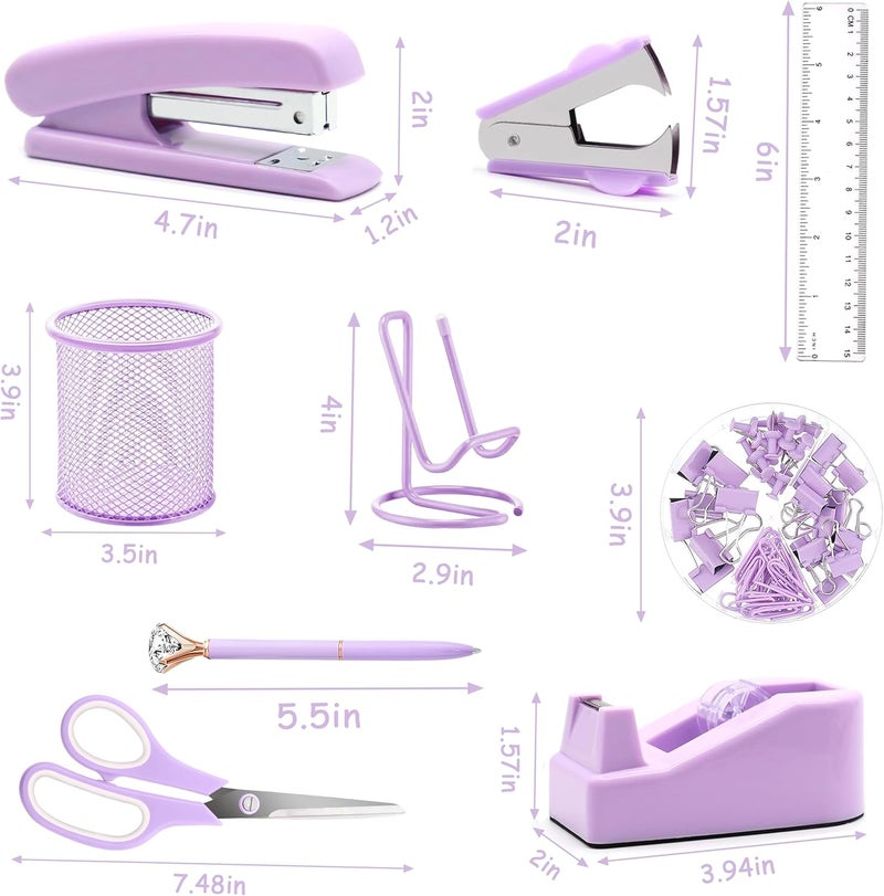 Famassi Purple Office Supplies, Purple Desk Accessories, Stapler, Staple Remover, Tape Holder, Pen Holder, Ballpoint Pen, Scissor, Binder Clips, 1000 Staples, Phone Holder, Ruler, Transparent Glue and Notes - Image 2